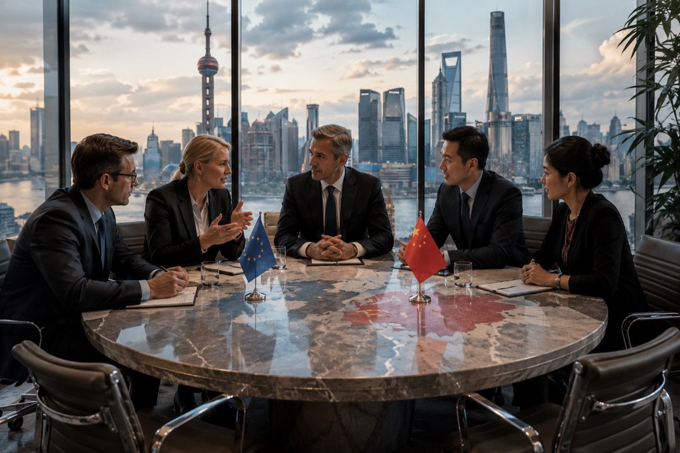 Boardroom-Meeting mit EU- und China-Flaggen vor der Shanghai-Skyline — zwei Märkte, ein Tisch.