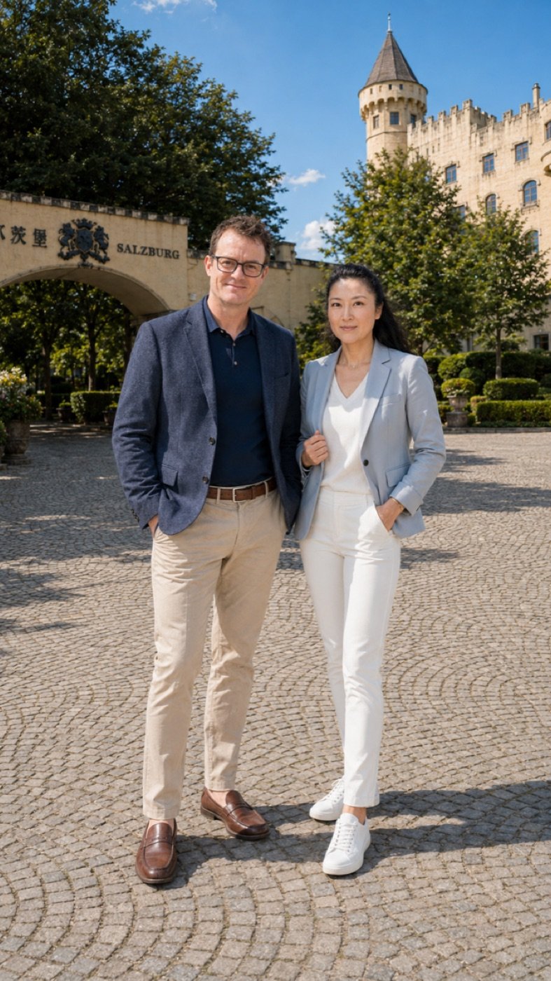 Sascha Morocutti und Xiaoxi Cheng vor ihrer Homebase in Chengdu — Founder Hainan Salzburg Consulting