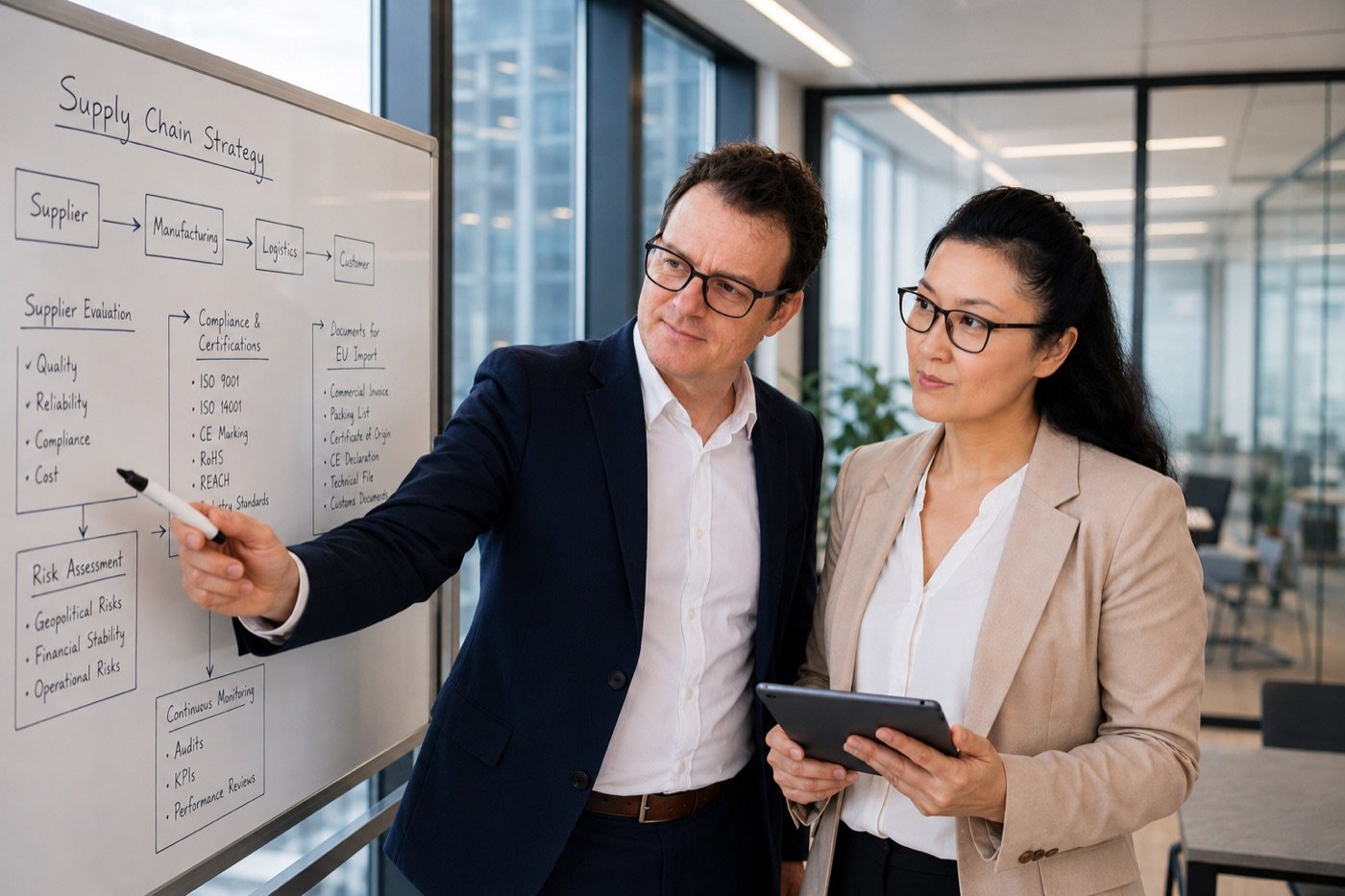 Lieferketten-Strategie an Whiteboard skizziert
